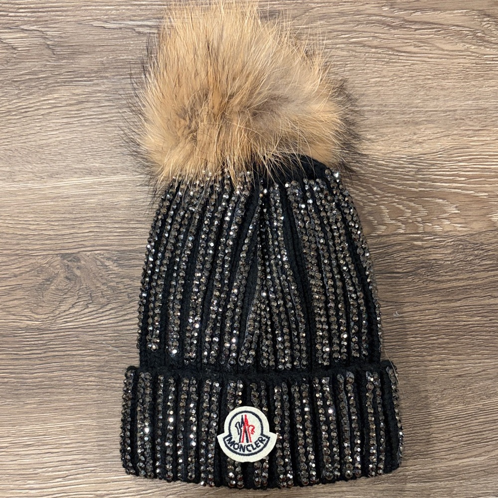 Moncler Black Beanie with Tan Pom Pom